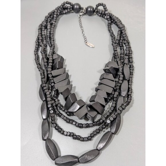 Plunder Jewelry Black Bead Chunky Layered Statement Bib Necklace Boho 28" - Picture 2 of 8